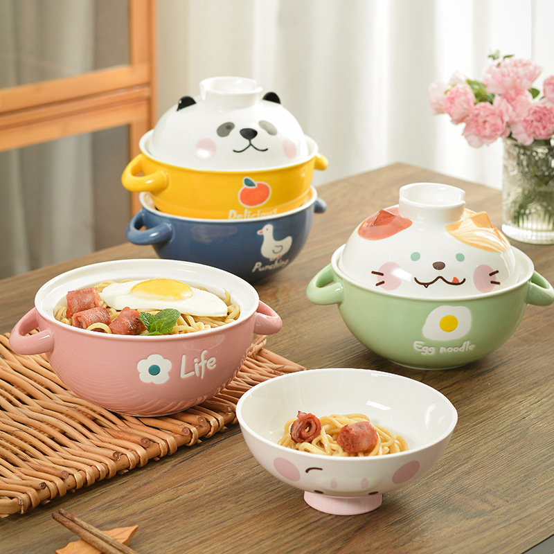 Cuencos de cerámica con tapa de dibujos animados japoneses, cuencos con tapa de oso Panda, gato, cerdo, fideos, Ramen, fruta, ensalada, sopa, bandeja, novedad