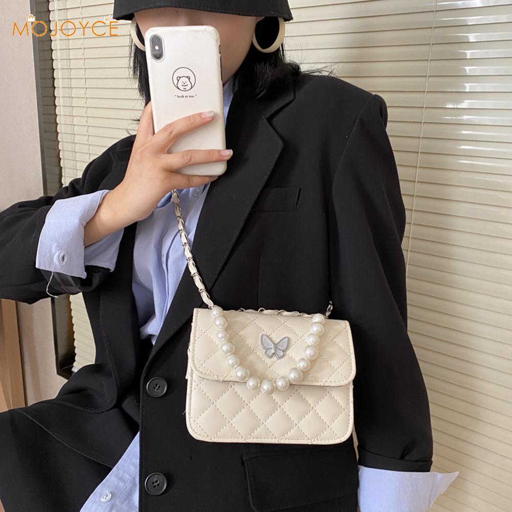 Gitter Muster Umhängetasche Frauen Schmetterling PU Leder Perle Klappe Schulter Messenger Handtaschen Casual Telefon Beutel