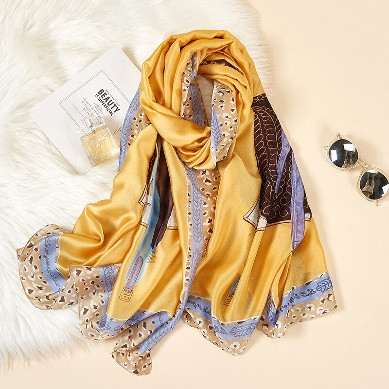 Dianruo silke tørklæder sommer kvinder sjaler og wraps print hijabs tørklæder foulard femme pashmina strand stoles luksus  n211: Gul