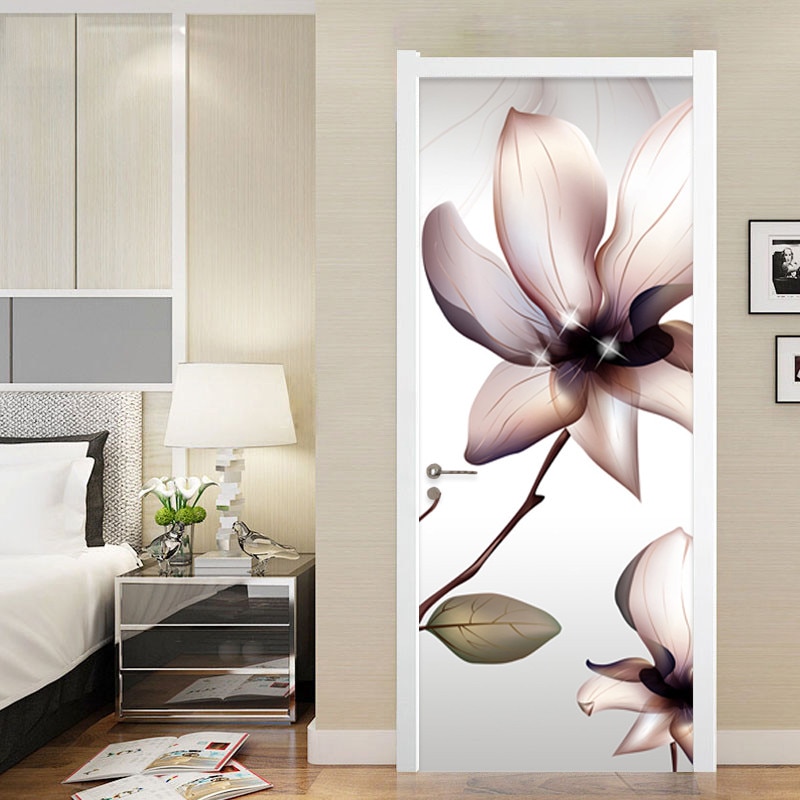 Pegatina de puerta de arte moderno, 3D papel tapiz de flores, calcomanías de pared de PVC autoadhesivas para decoración del hogar, sala de estar y dormitorio