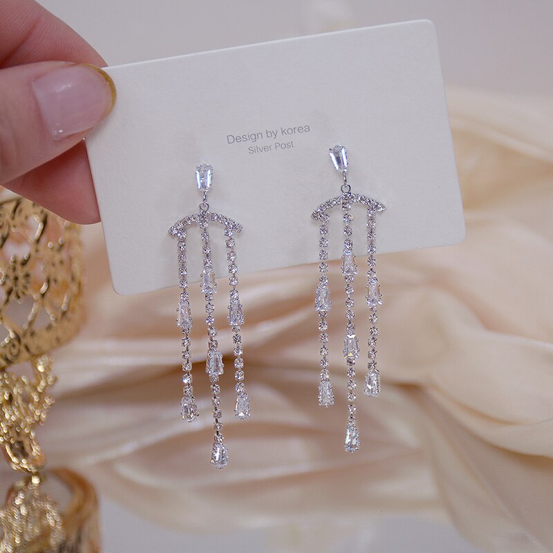 Trendy Korean Long Tassel Bohemia Earring Exquisite AAA Zircon 14K Real Gold Earring Wedding Bridal Jewelry Brincos: silver