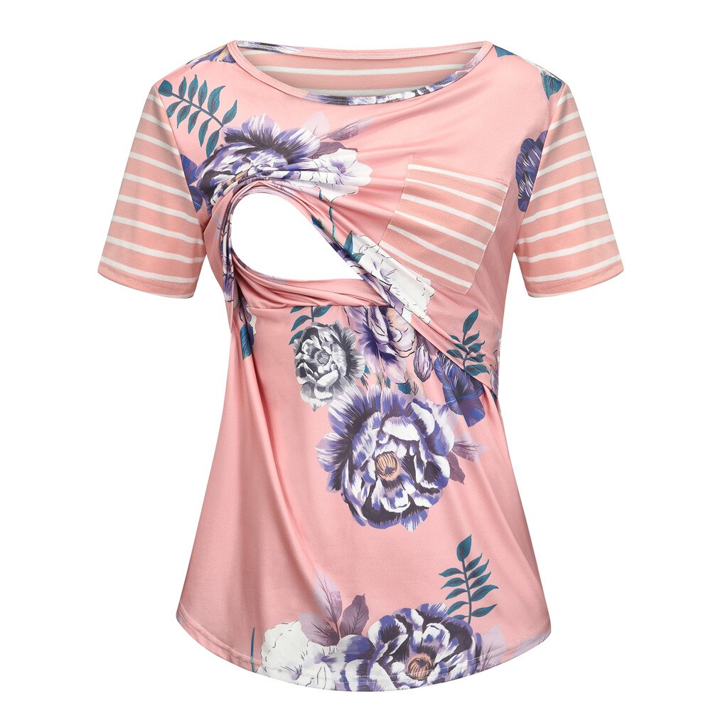Vrouwen zwanger borstvoeding zwangerschap korte mouwen gestreepte print bloemen blouse tops zwangerschap shirts ropa embarazada