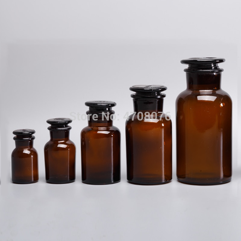 30/60/125/250/500ml laboratorieglasreagensflaske med glasdæksel, brun prøveflaske, bred frostet mund til kemisk eksperiment