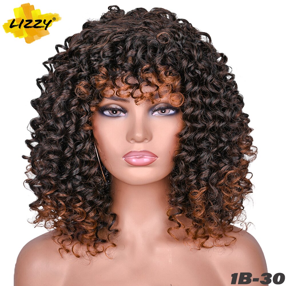 Kort Haar Synthetische Pruik Krullend Afro Pruiken Voor Zwarte En Witte Vrouwen Omber Lijmloze Natuurlijke Hoge Temperatuur Krullen 14Inch lizzy: T1B/30