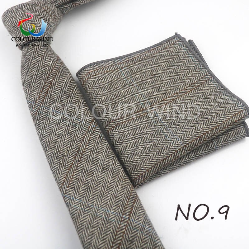 Formal Men's Wool Neck Ties Narrow Striped Solid Color Ties Set Soft Pocket Square Handkerchief Sets Lots: 9