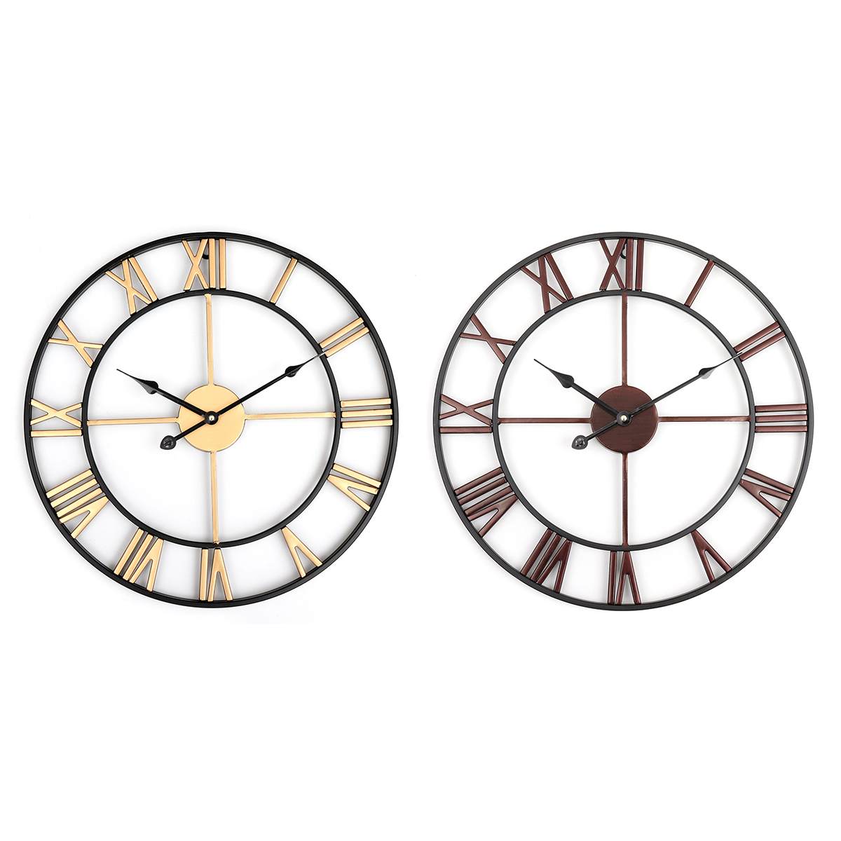 45/80CM Nordic Metal Roman Numeral Wall Clocks Retro Iron Round Face Black Gold Large Outdoor Garden Clock Home Decoration