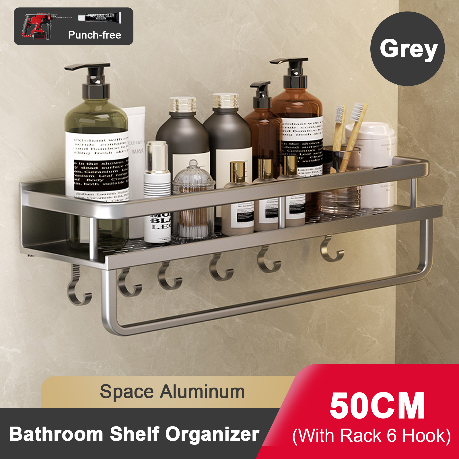 Support de salle de bain sans poinçon, étagère de salle de bain, espace de toilette en aluminium, sans perceuse, support suspendu, organisateur de salle de bain, accrocher au mur: vert militaire