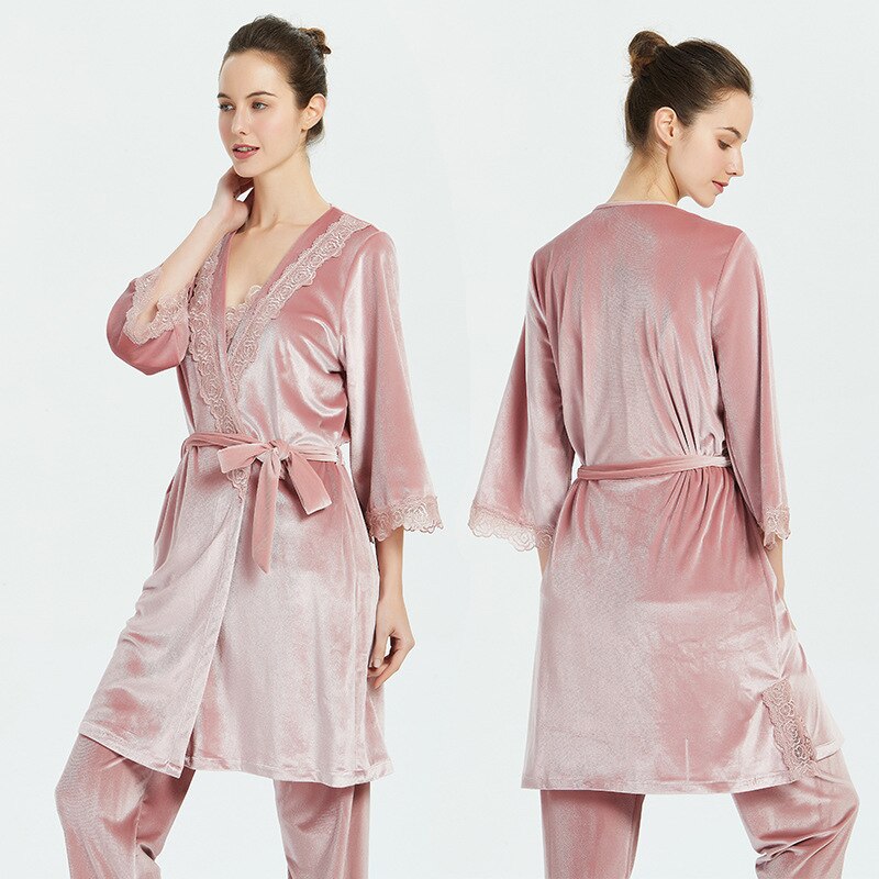 Camisón de terciopelo para mujer, traje de tres piezas, SEXY, con encaje y pantalones, para primavera y otoño