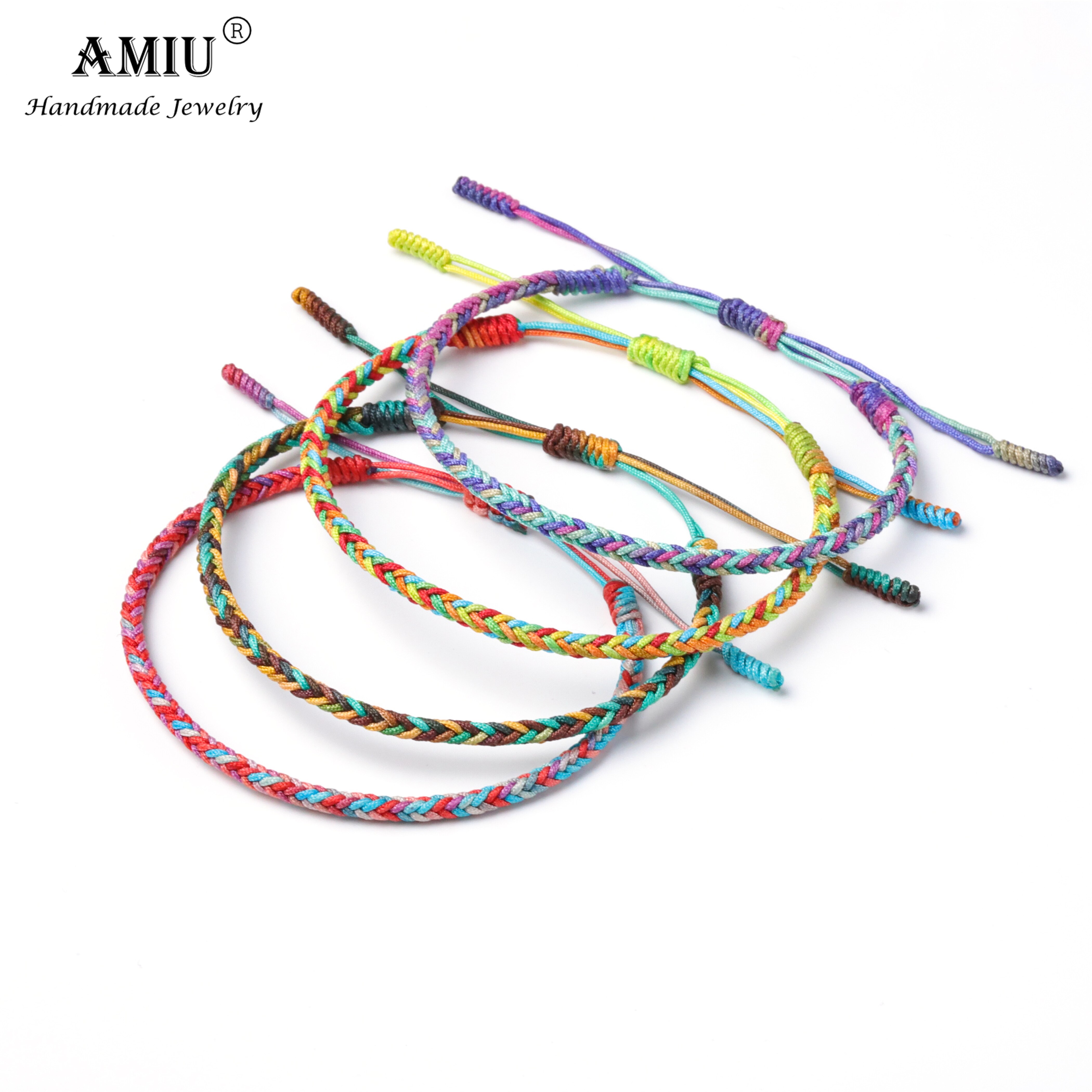 AMIU-Pulseras de la suerte Budista Tibetano hechas a mano, pulseras de colores degradados, amuleto de nudos de cuerda de , pulsera trenzada del Tíbet