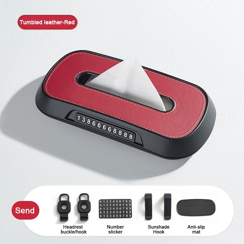 Lederen Auto Tissue Box Telefoonnummer Label Middenconsole Armsteun Servet Box Zonneklep Tissue Box Achterbank Tissue Case Fix Strap: Rood