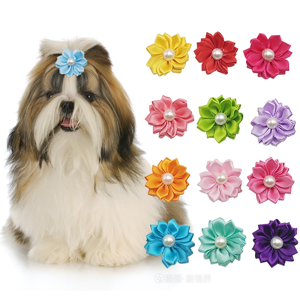 Flower Dog Hair Bows Long Hair Pet Dogs Bows Rubber Band Cat Puppy Hair Clips Pet Grooming Bow Dog Accessories Perros