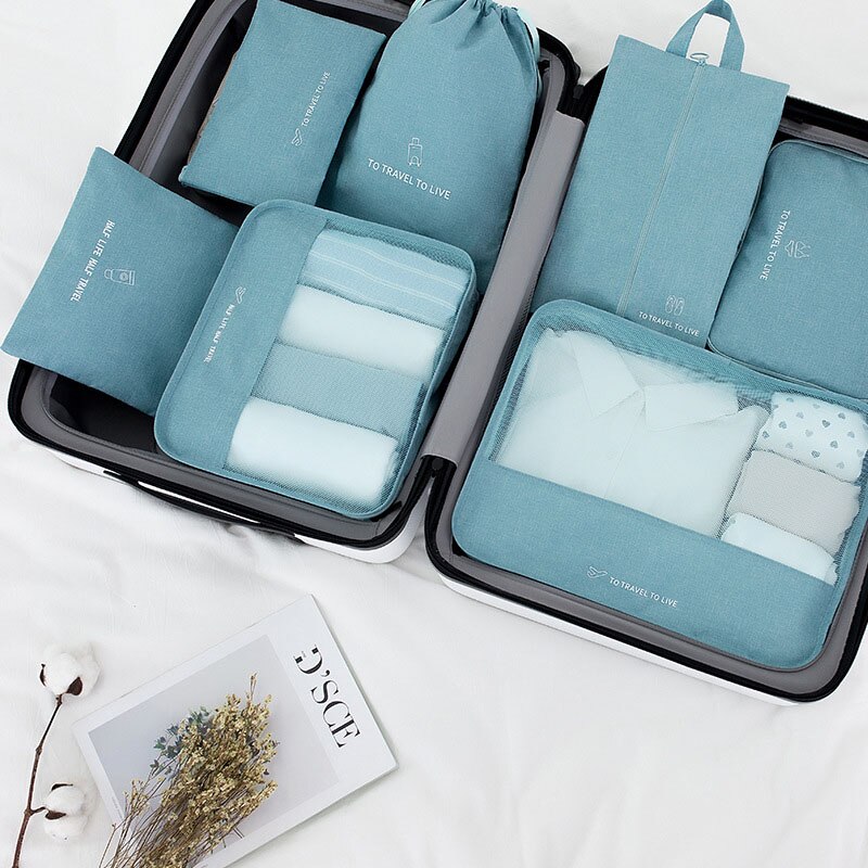 Bagage Organizer Verpakking 7 stks/set Reizen accessoires kit Mesh organizer Verpakking Cube Kleding ondergoed Schoen sorteren tassen: blue