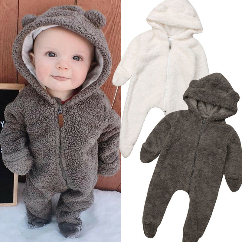 CANIS Newborn Baby Girls Boys Long Sleeve Solid Color Soft Warm Fuzzy Hooded Romper Jumpsuit Winter Outfits Clothes