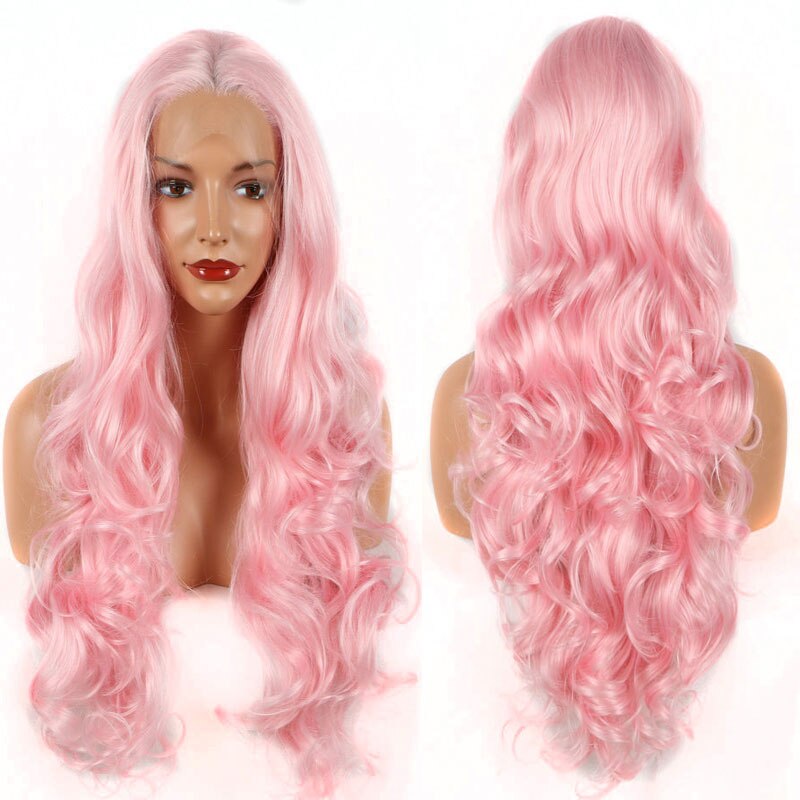 Bombshell bebê rosa onda do corpo peruca dianteira do laço sintético resistente ao calor do cabelo de fibra natural linha fina meio de separação para perucas femininas