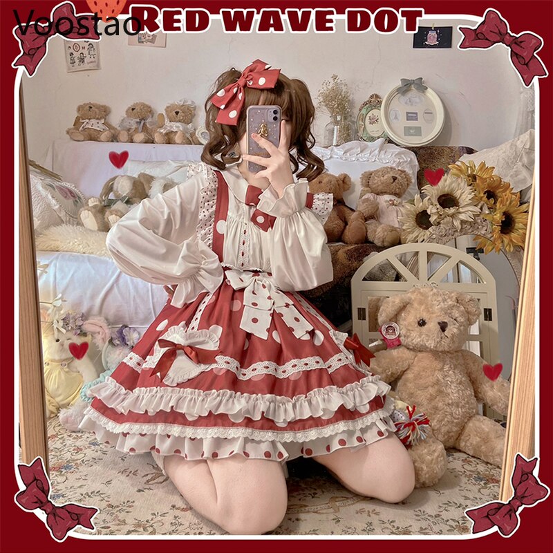 Vestido de estilo japonés gótico de Lolita para mujer, ropa Kawaii con estampado de puntos, fresa dulce, Harajuku, femenino, con tirantes