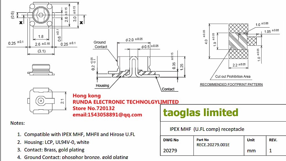 20 pièces UFL seat IPEX / IPX connecteur U.FL-R-SMT RF connecteurs coaxiaux antenne 20279-001E