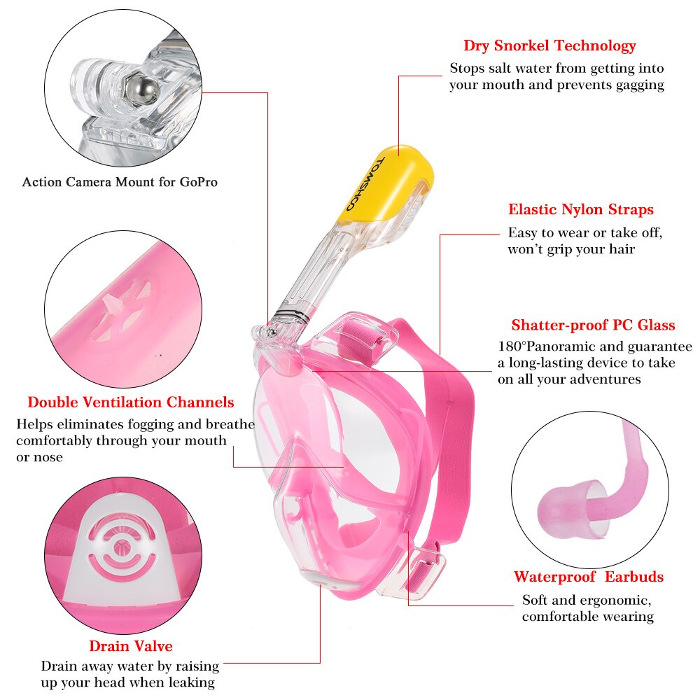Tomshoo Adult Easy Swimming Diving Snorkeling Mask 180° Panoramic Full Face Free-diving Scuba Diving Equipment Gear