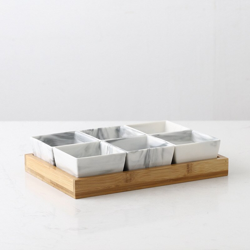Marmor fruktfat keramik fat tallrik porslin snacks godis nötter desserter eko naturlig serverings bambu bricka set salladsskål: 6 rutnät grå