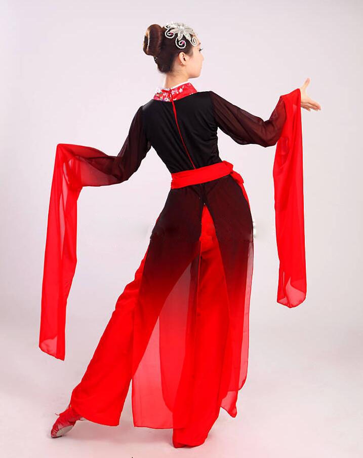 Woman Gradient Ink Water Sleeves Costumes Chinese Classical Dance Clothes Black Red Long Sleeves Hanfu Ancient Fairy Set