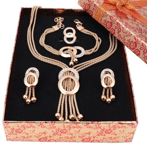 Afrikaanse sieraden sets dames bruiloft gouden kristal kwast ketting bruidsring armband oorbellen accessoires: Goud en dozen