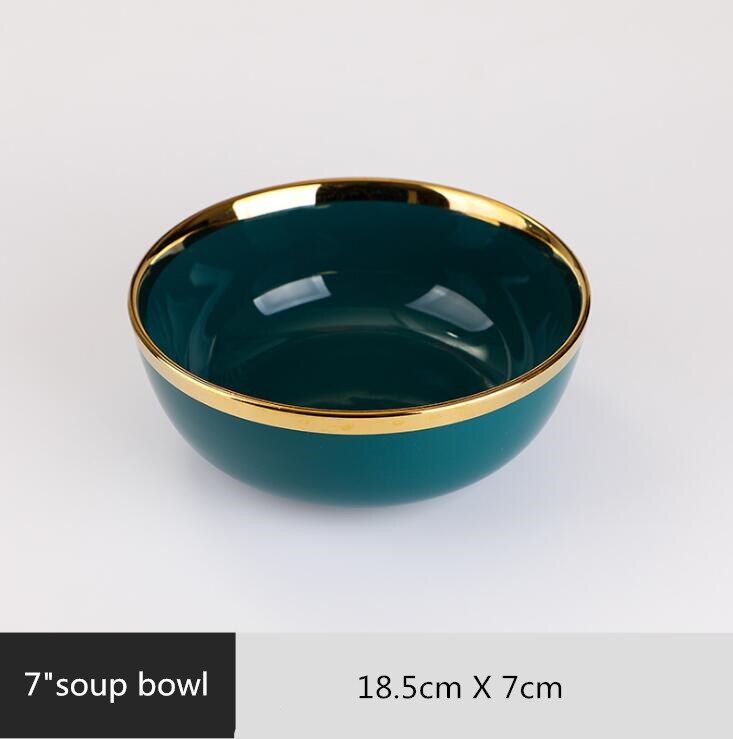 1pcs High Grade Green With Gold Lnlay Plates Steak Food Tray Nordic Ceramic Dinner Dish Salad Bowl Spoon Porcelain Dinnerware: 7inch bowl 1pcs