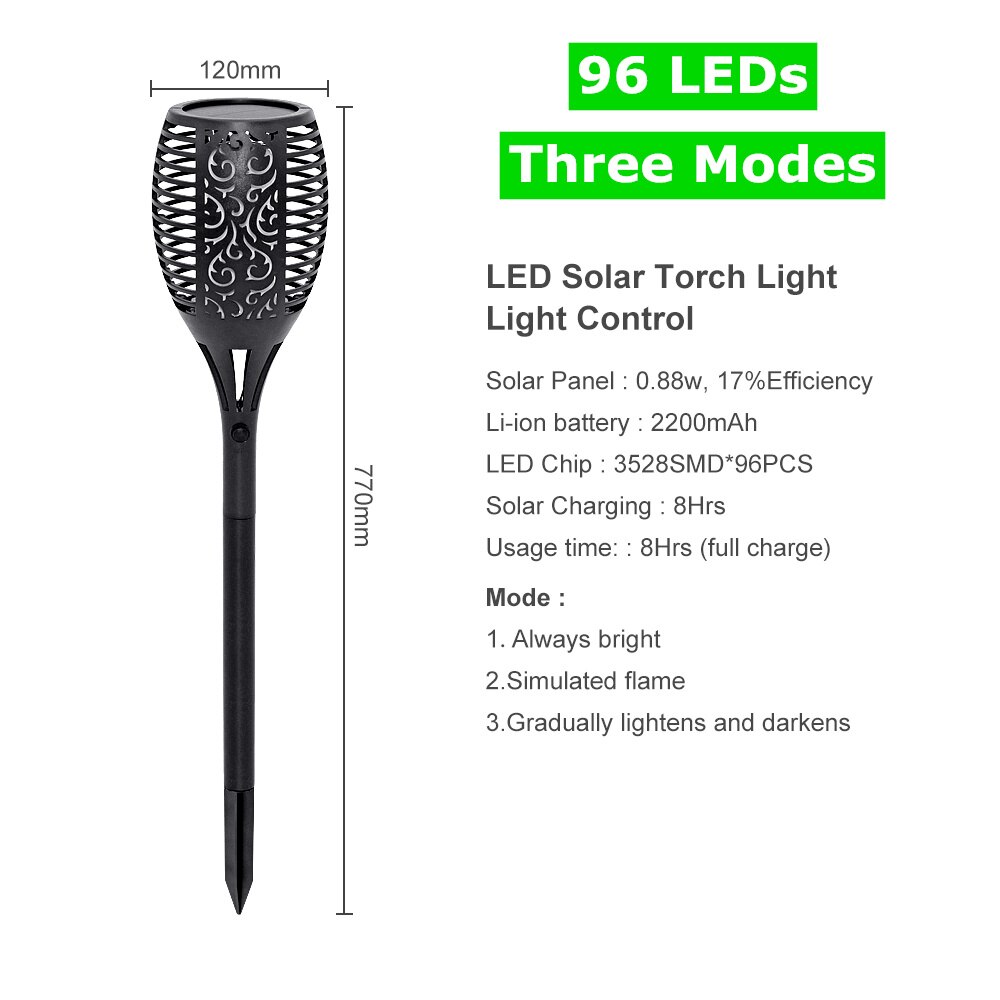 Upgraded Solar Torch Lights 96 LEDs 1 Mode/3 Modes Outdoor Flickering Flame Lamp Waterproof IP65 for Landscape Garden Patio Pool: Three Modes