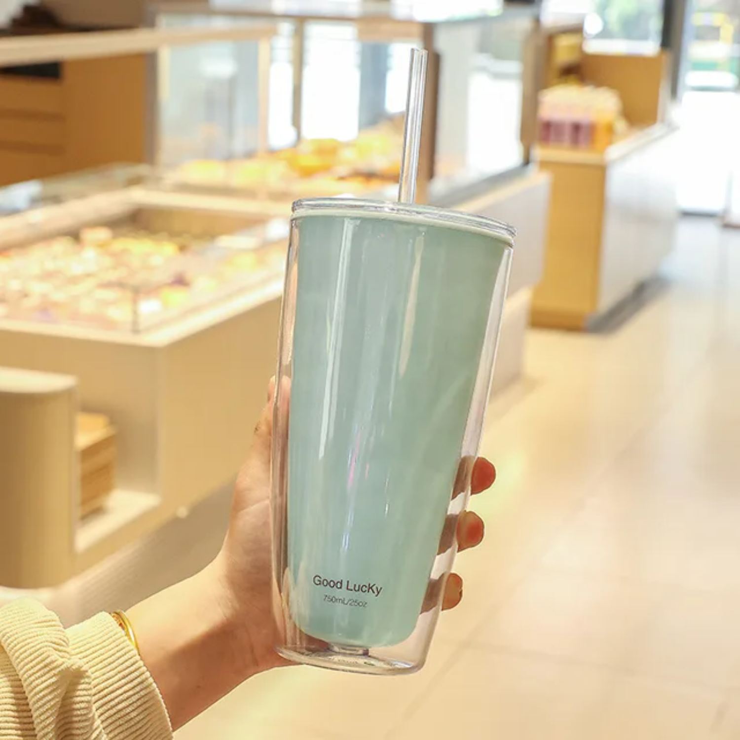 Vasos de plástico sin BPA de 750ml con tapas y pajita, botella de agua de doble capa, taza de café para beber, jugo, leche, taza con pajita: Azul cielo