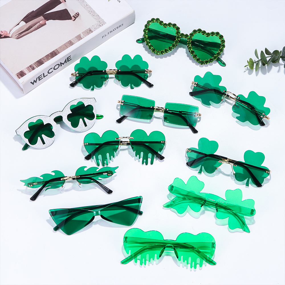 Irish Shamrock Zonnebril St. Patrick 'S Day Groen Klavertje Vier Bril Kabouter Kostuum Bril Trendy Randloze Zonnebril