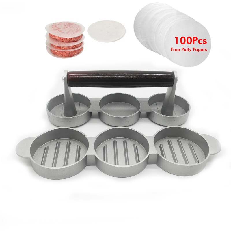 Kitchen Round Shape burger Press Food-Grade ABS Hamburger Meat Press Beef Grill Hamburger Press Patty Maker Mold Kitchen Tools: Triple with paper