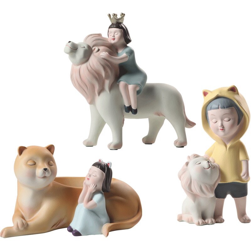 Nordisk fe jente med løve figurer mennesker statue barnerom dekorasjon hjemmeinnredning dyr harpiks figur bursdag