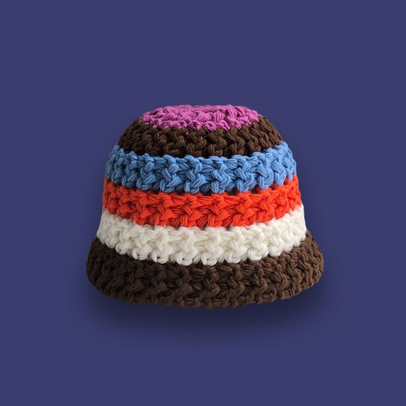 2022 Zomer Mode Regenboog Gestreepte Pot Hoed Japanse Bell-Vormige Hoeden Vrouwen Gehaakte Outdoor Opvouwbare Strand Cap Zomer Gorras: Brown