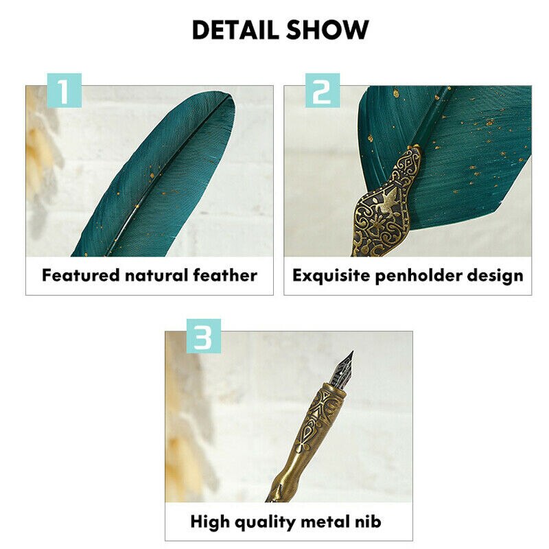 Vintage Antique Feather Quill Pen Set Dip Pen Fountain Pen Collectibles Dip Pen Writing Ink Set Stationery Box