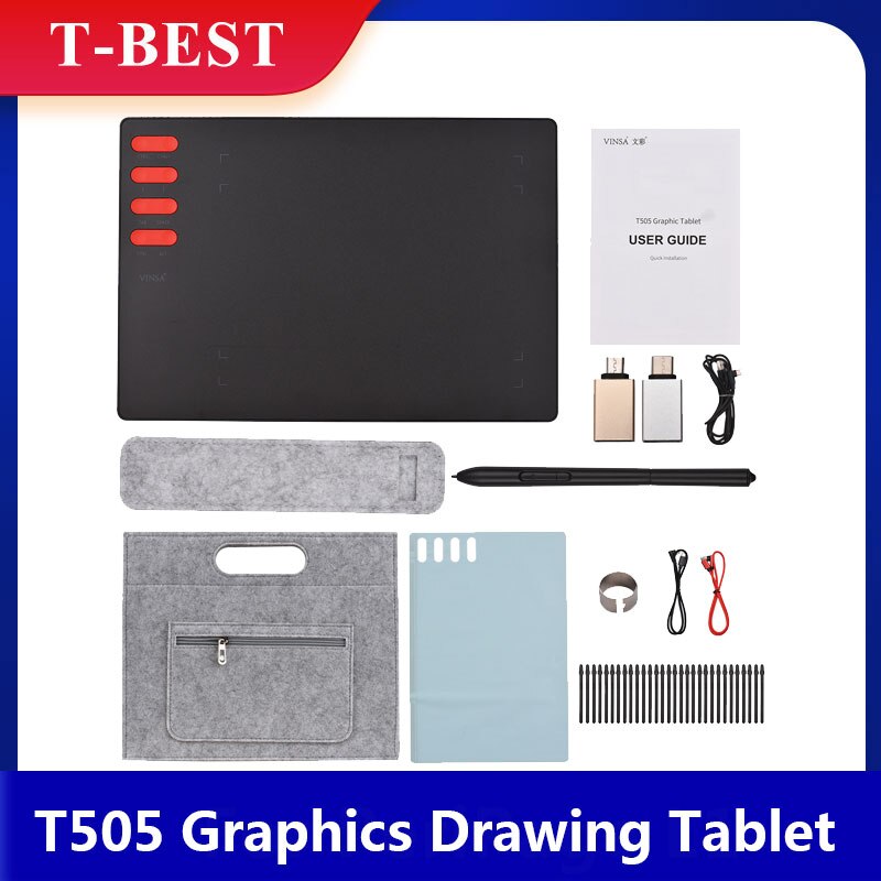 T505 Graphics Drawing Tablet Ultralight Art Creation Sketch Battery-free Stylus 30 Pen Nibs 8192 Levels Pressure 8 Shortcut Keys