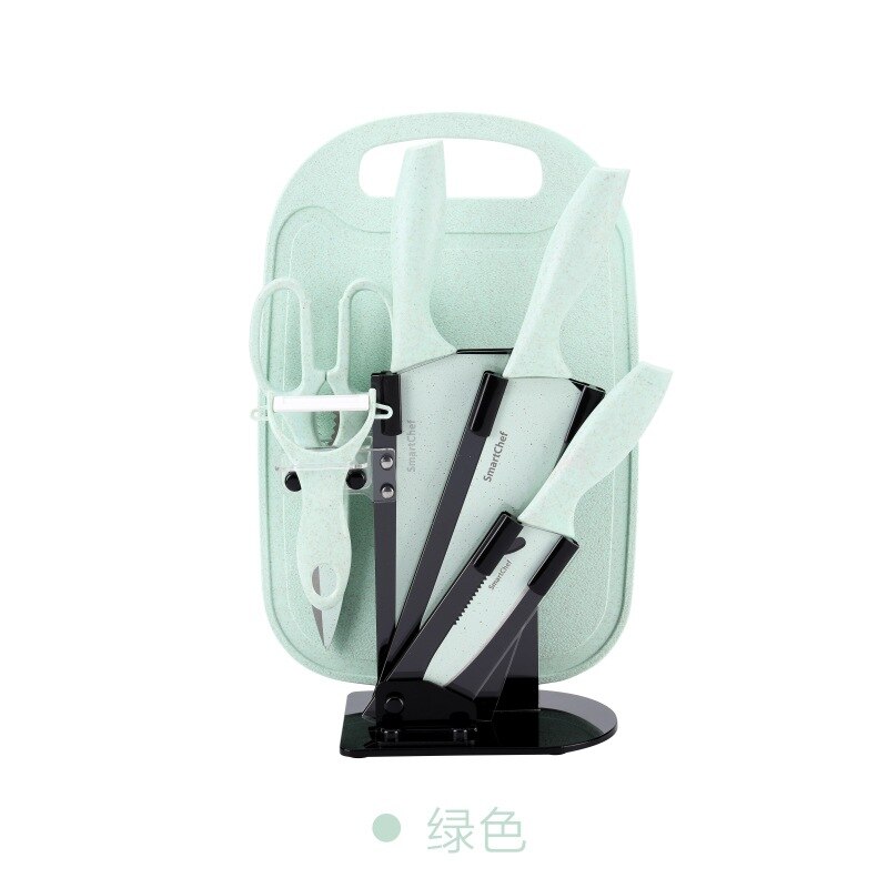 Tarwe Stro Mes Set Rvs Zeven Stuk Mes Set Keramische Mes Keuken Set Mes Schaar Fruit mes Houder: Green Black base