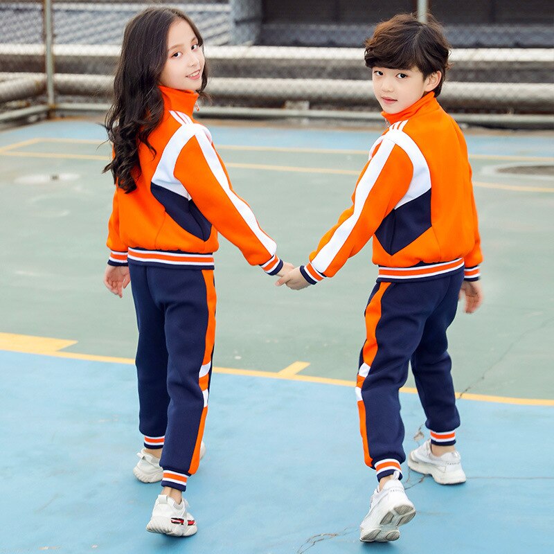 Uniforme Escolar de primaria para otoño e invierno, chaqueta gruesa naranja, pantalones azul marino, ropa deportiva para niños, traje para estudiantes de guardería