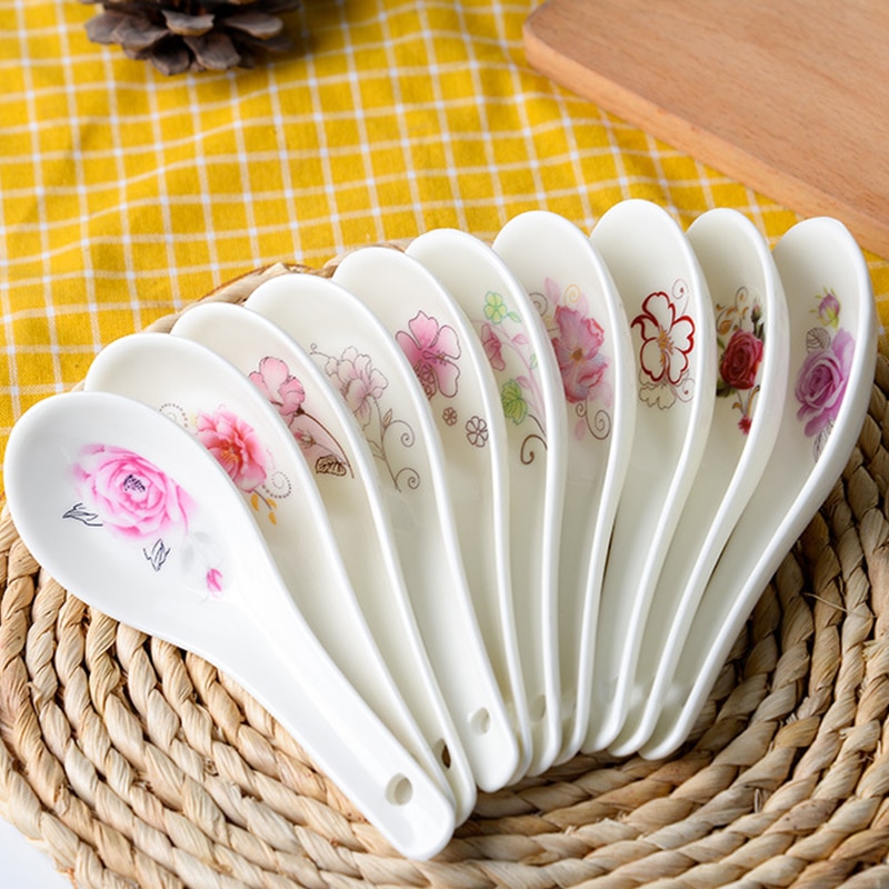 China Ceramic Spoon Children Rice Chinese Ceramic Soup Scoop Spoon Porcelain Home Restaurant Tableware 10pcs/lot