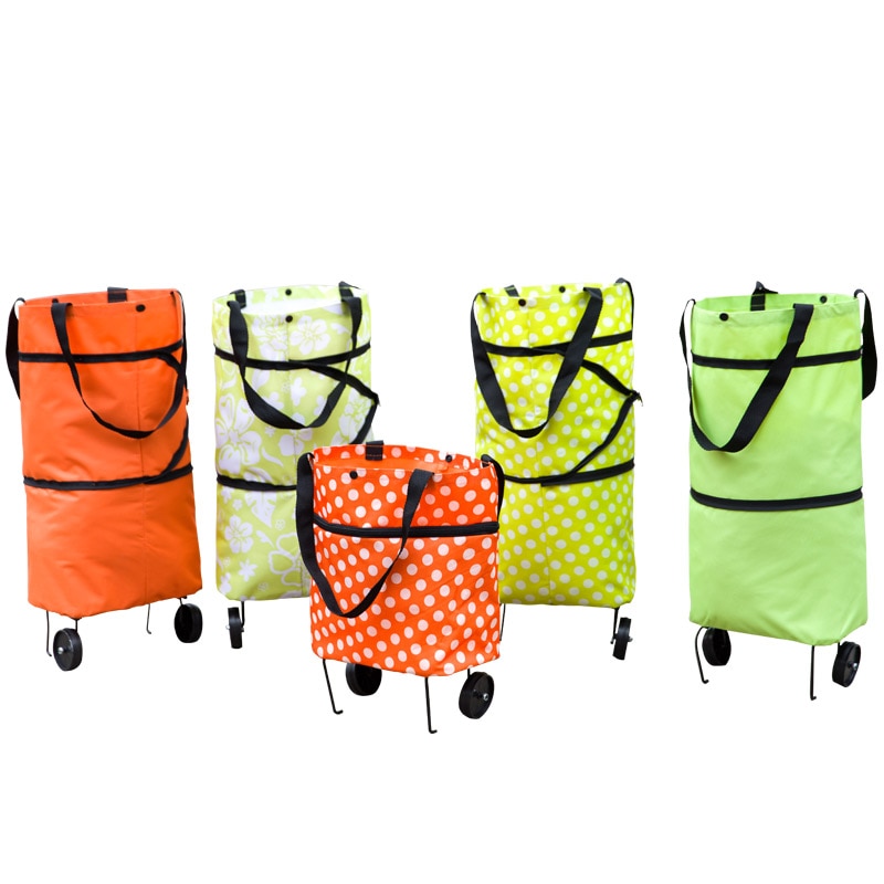 Collapsible Supermarket Bag, Cute Cartoon Sopping Bag + with Wheels Tote Food Market Cart Supermarket Trolley Bag