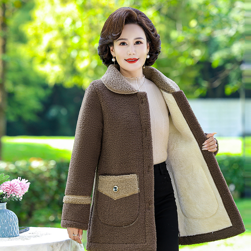 Chaqueta de Otoño Invierno para mujer, abrigo cálido de lana gruesa, abrigo de piel de cordero para mujer, vestido suelto medio largo para madre, chaqueta femenina