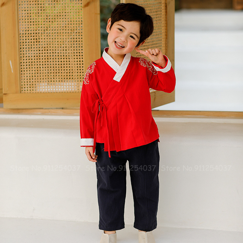 2Pcs Kids Blauw Hanfu Kinderen Baby Jongens Chinese Stijl Retro Geborduurde Rode Tang Pak Jaar Oosterse Kleding Set tops Broek