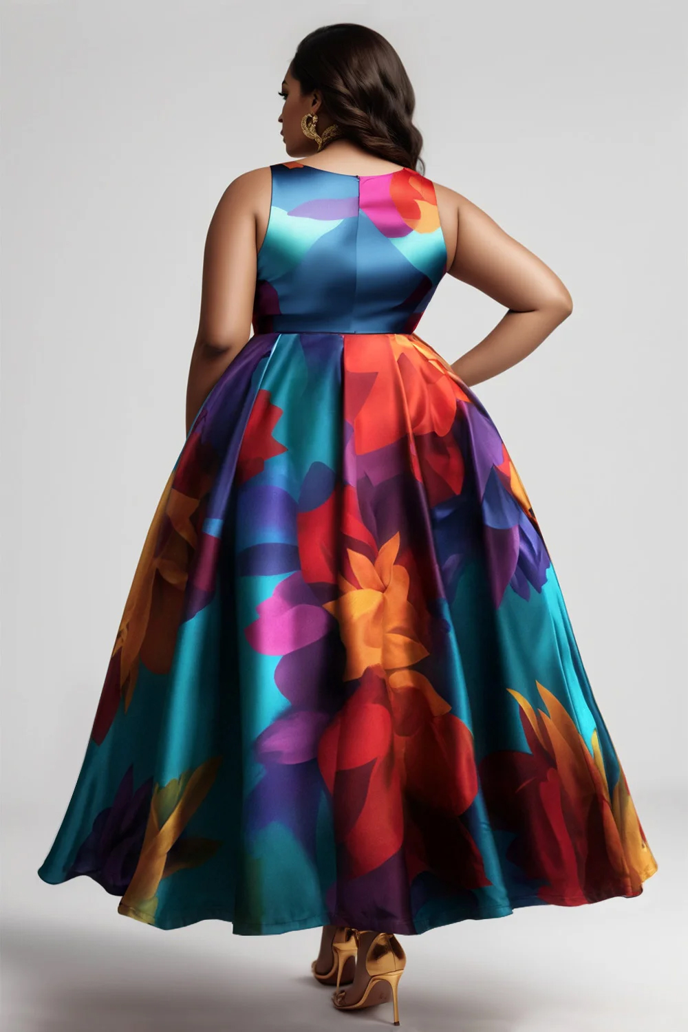 Grote maten damesjurk Mouwloos geplooid A-lijn Feestavond Maxi-jurken Bloemenprint Casual Vintage jurk met ronde hals