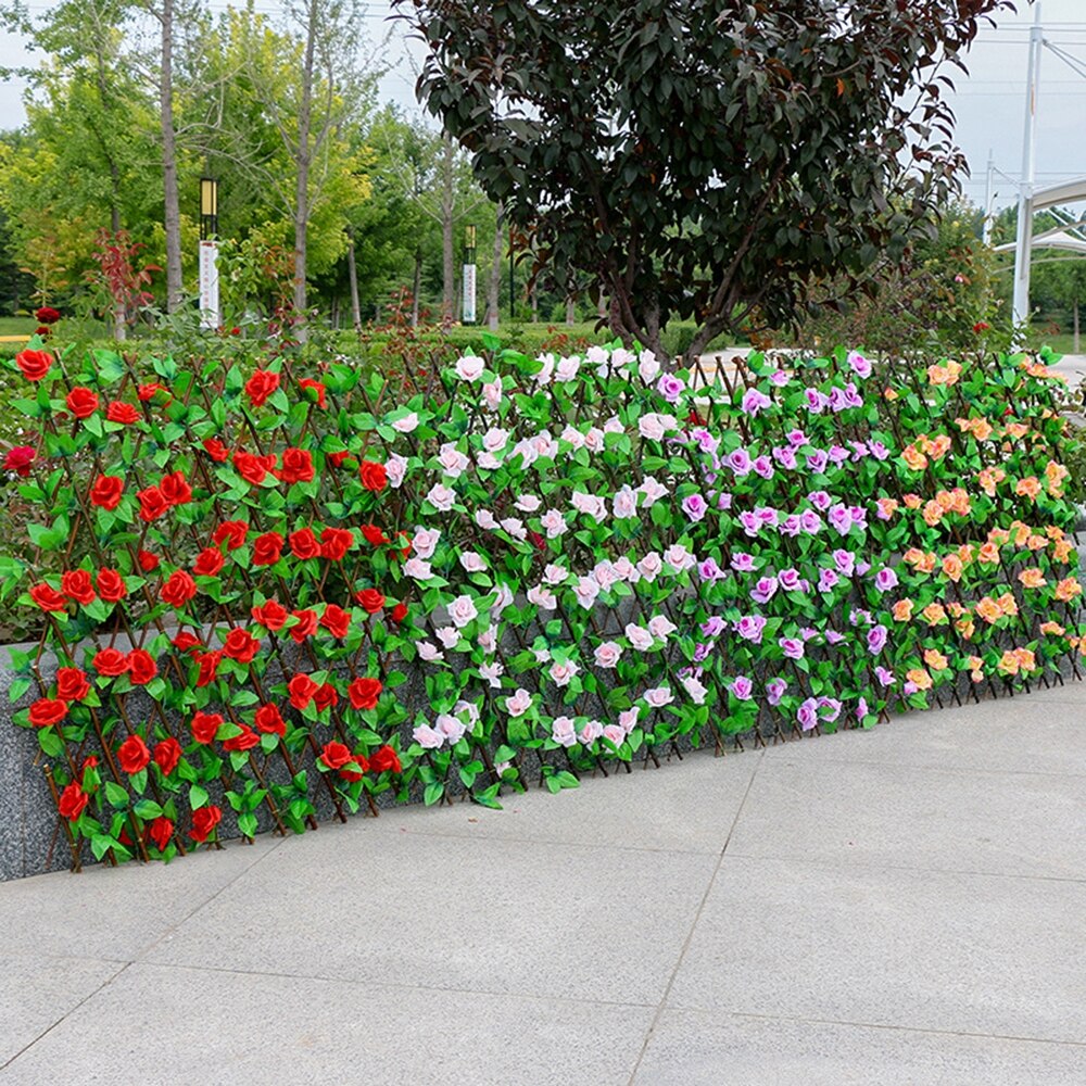 Telescopic Fence Artificial Rose Flower Garden Wall Privacy Fence Outdoor Garden Backyard Balcony Leaf Wood Telescopic Fence