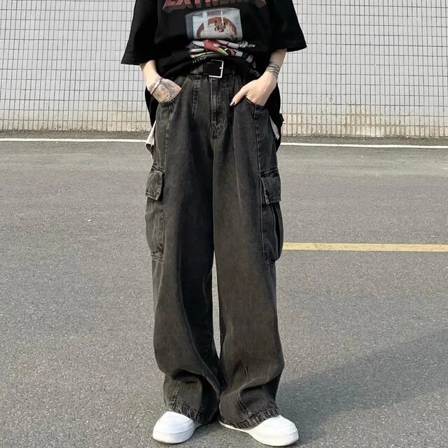 Streetwear Vintage Cargo Jeans Women Big Pocket Wide Leg Jeans Hip Hop Plus Size 80kg Denim Pants Man Blue Black Baggy Trousers: black / S 35-45kg