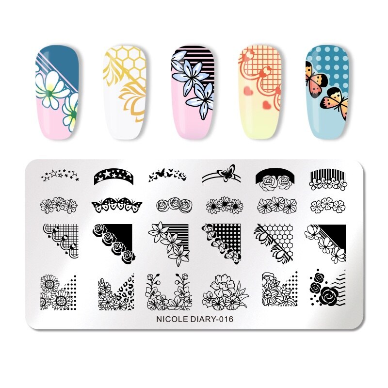 NICOLE DAGBOEK Nail Stempelen Platen Rechthoek Ronde Bloem Grid Plaid Geometrische Afbeelding Print Stencil Nail Template voor Polish Gel: ND016