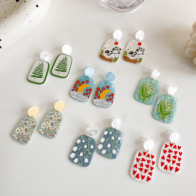 Pendientes acrílicos coloridos para mujer, aretes largos con patrón de corazón, hojas y flores, estilo bohemio, para primavera y otoño, 2022