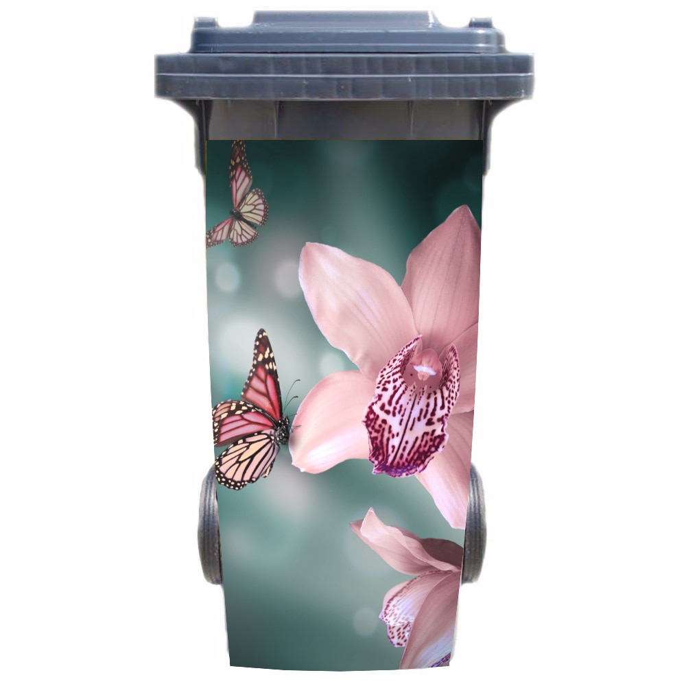 Diy 3D Vlinder Met Bloemen Verwijderbare Waterdichte Sticker Decals Vuilnis Vuilnisbak Cover Sticker Poster 120Liter 240Liter