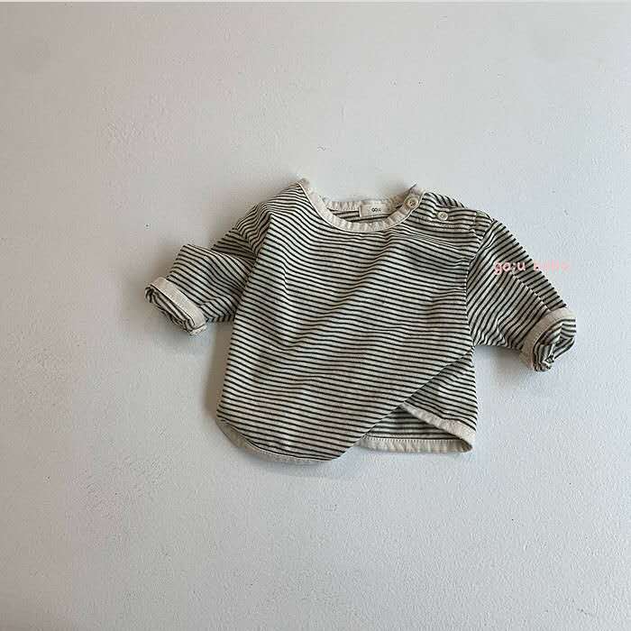 Infantil coreano e criança algodão macio listrado camiseta bebê prático selvagem fivela em torno do pescoço camisa de fundo