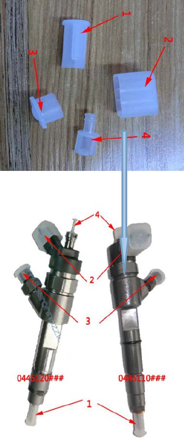 Tapas de plástico para inyector de combustible diésel para proteger el inyector de daños, contiene 4 piezas para inyectores Bosch 0445110 #