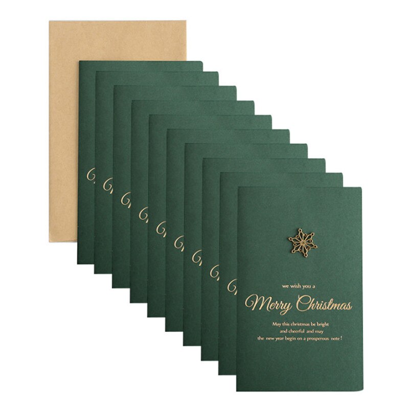 10Pcs/Set Vintage DIY Christmas Green Greeting Cards with Envelope Party Gold Embossed Invitation Postcards: Snowflake