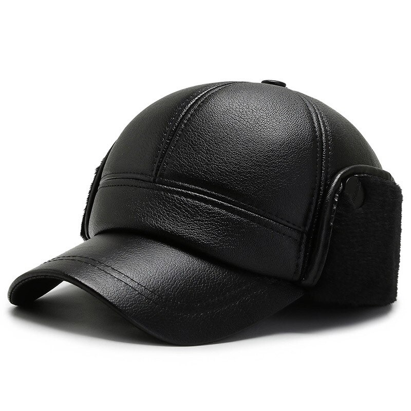 Zwarte pu leren wintermutsen snapback oorkleppen baseballpet heren gehoorbescherming skimuts outdoor plus fluwelen verdikking warm  l15
