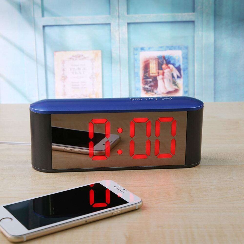 Digital bord ur med temperatur dispalyled skrivebordsindretning til hjemmet indretning elektronisk make up spejl ure snooze funtion: B rødt lys